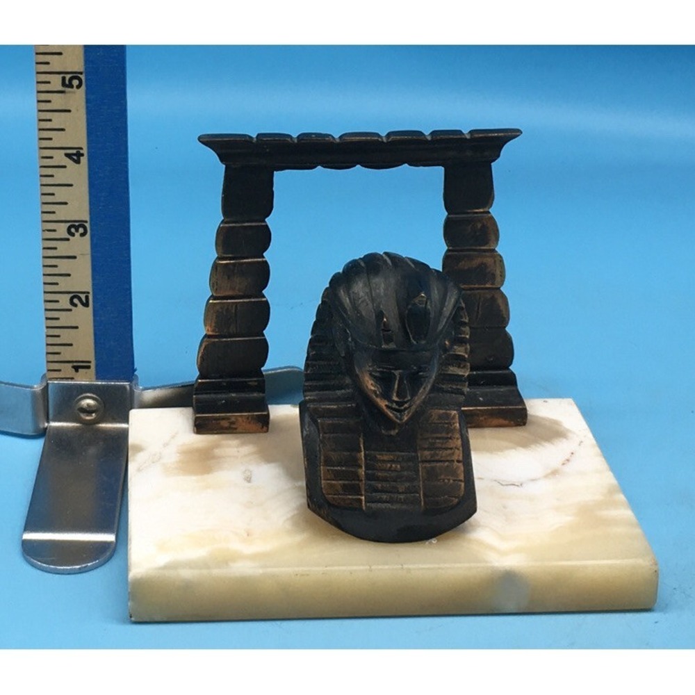 Brass Egyptian head Bookends On Blond Marble Base - Picture 9 of 10